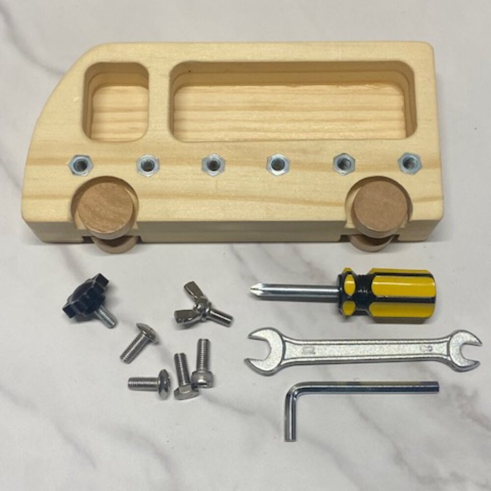 Montessori Busy Bus Wooden Sensory Toy for Toddlers, Age 3+